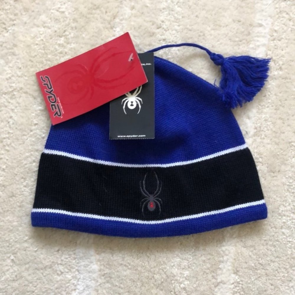 NWT Spyder Men’s Blue and Black Knit Winter Beanie Hat with Tassle